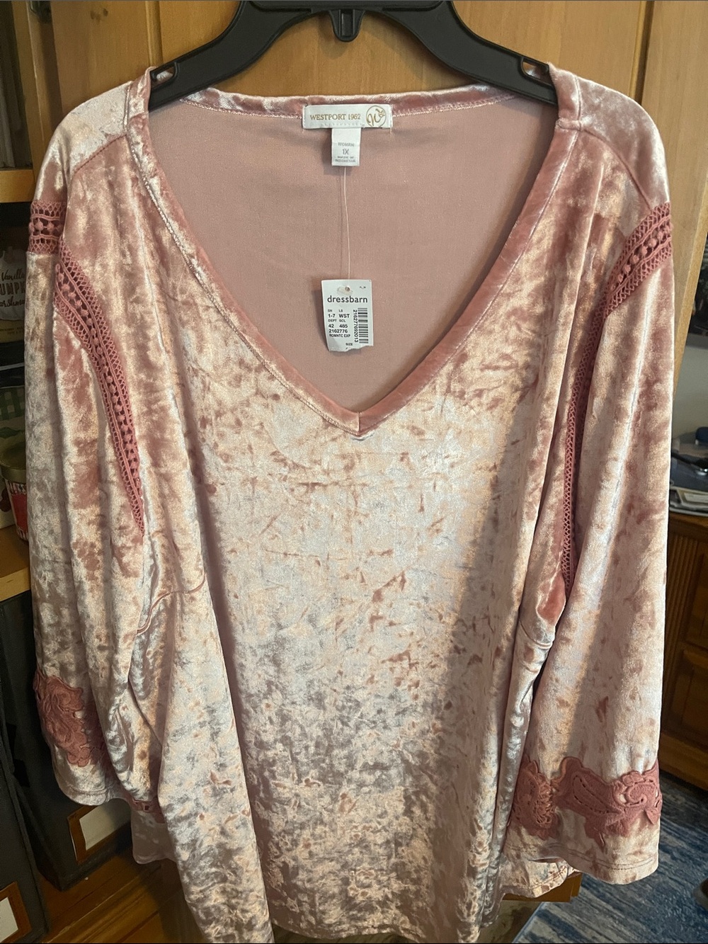 Westport 1962 Rose Blush Velvet V-Neck Blouse with Lace Trim